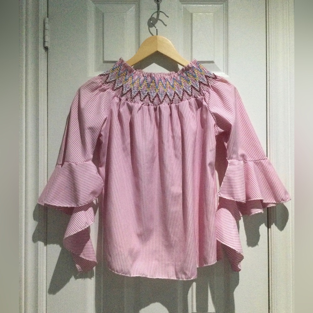 Chic Striped Pink Blouse with Ruffle Sleeves